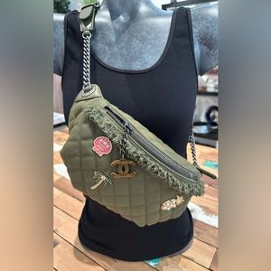 Chanel 17C Coco Cuba Khaki Quilted Canvas Charms Waist Bag RARE!